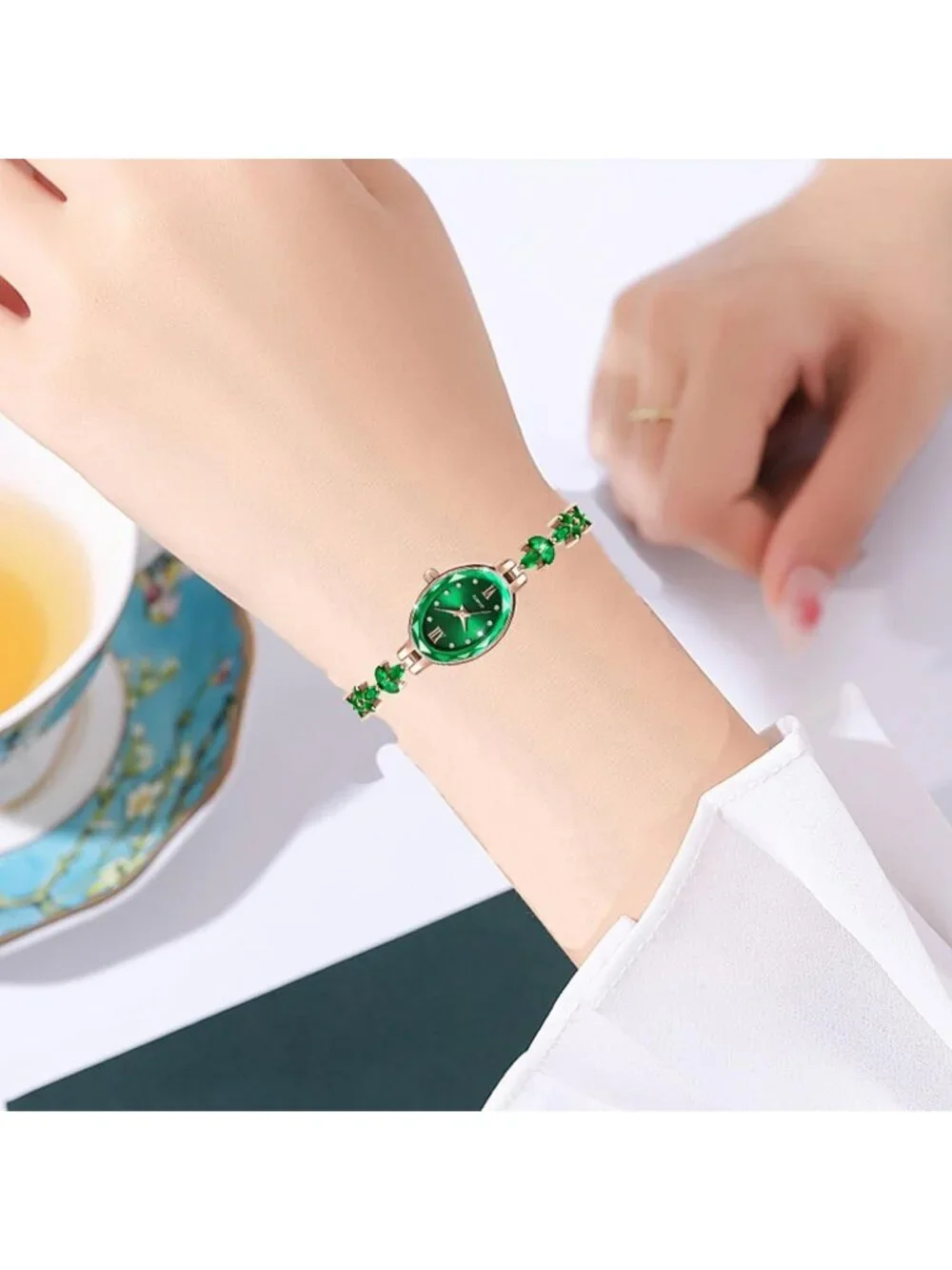 Women Rose Gold Green Analog Quartz Petal Casual Bracelet Simulated Luxury Watch